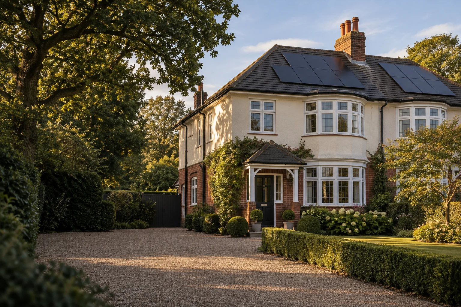 Illustrative cream-rendered English home with rooftop solar panels in a leafy garden